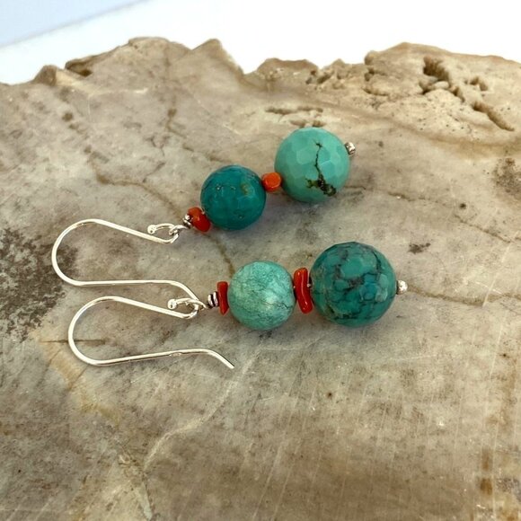 Sterling Silver 925 1.7" Faceted Turquoise Red Coral Beaded Dangle Drop Earrings - Picture 8 of 16